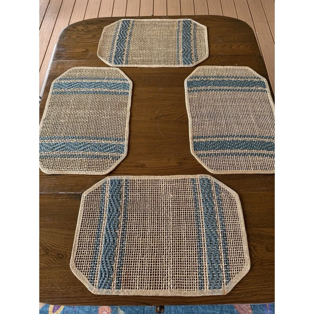 Vintage Abaca Fiber Placemats Set of 4 Navy Blue Natural Zigzag Stripe Boho MCM